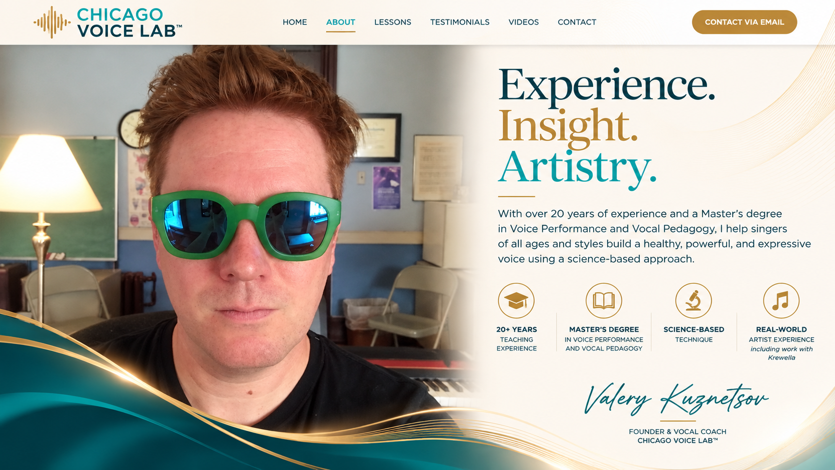 Approved ABOUT design with portrait of Val Kuznetsov and Experience. Insight. Artistry. heading